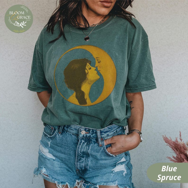 Vintage Illustration Shirt Woman Kissing Moon Tshirt Retro Style Tee Art Nouveau Shirt Comfort Colors Shirt Women Graphic Tee image 11
