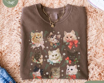 Vintage Kätzchen Shirt Retro Katzen Shirt Nostalgie Süßes Katzen Shirt Cottagecore Shirt Winter Tier Collage Retro Grafik T-Shirt Katzenliebhaber Shirt