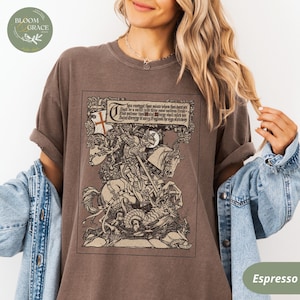 Camicia medievale, camicia Castlecore, maglietta Knightcore, camicia ispirata al Medioevo, camicia con drago di San Giorgio, camicia rinascimentale, abbigliamento Renfaire Whimsigot Espresso
