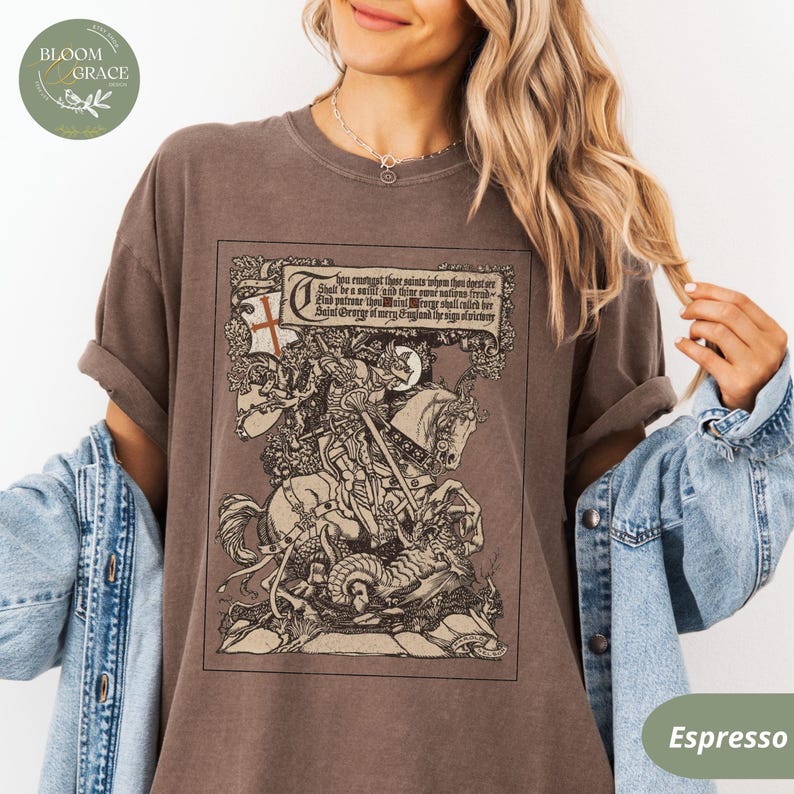 Camicia medievale, camicia Castlecore, maglietta Knightcore, camicia ispirata al Medioevo, camicia con drago di San Giorgio, camicia rinascimentale, abbigliamento Renfaire Whimsigot Espresso