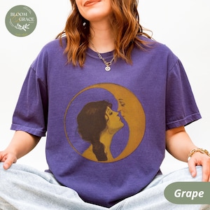 Vintage Illustration Shirt Woman Kissing Moon Tshirt Retro Style Tee Art Nouveau Shirt Comfort Colors Shirt Women Graphic Tee Grape