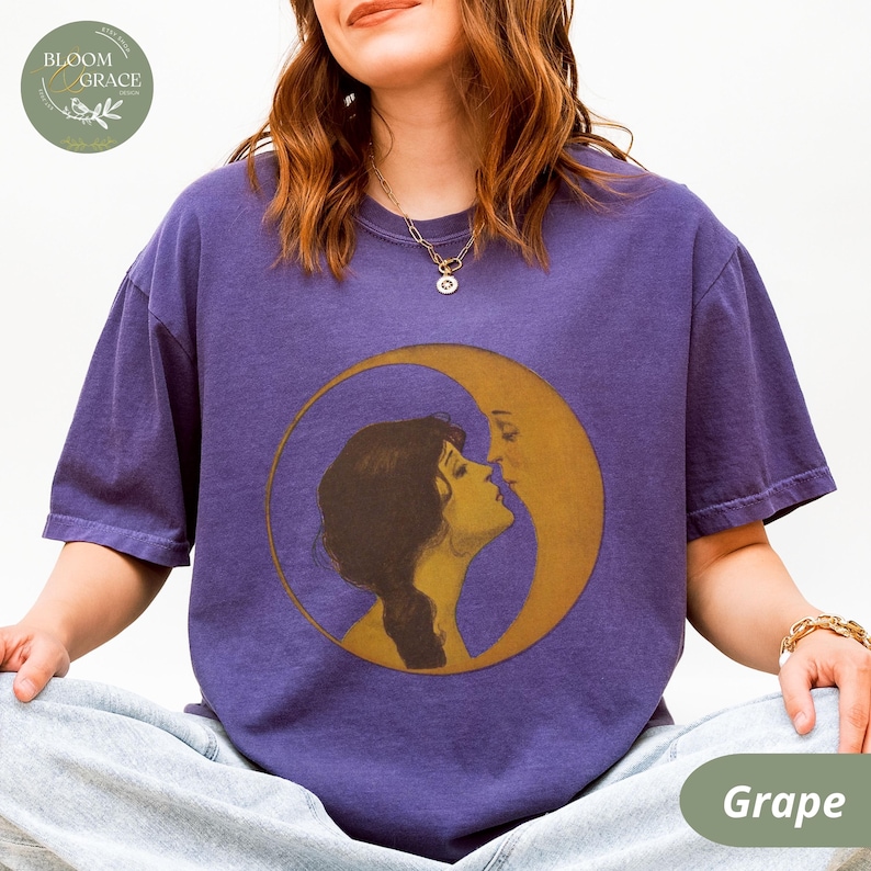 Vintage Illustration Shirt Woman Kissing Moon Tshirt Retro Style Tee Art Nouveau Shirt Comfort Colors Shirt Women Graphic Tee Grape