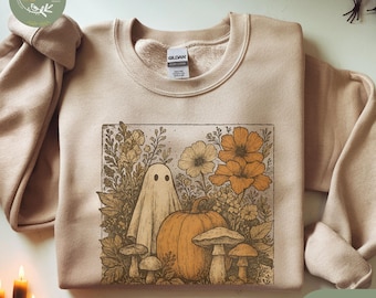 Cottagecore Ghost Halloween Sweatshirt, Vintage Pumpkin Floral Sweater, Fall Aesthetic, Cute Spooky Autumn Crewneck, Fall Wildflowers Women