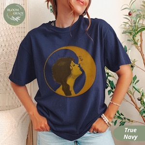 Vintage Illustration Shirt Woman Kissing Moon Tshirt Retro Style Tee Art Nouveau Shirt Comfort Colors Shirt Women Graphic Tee True Navy