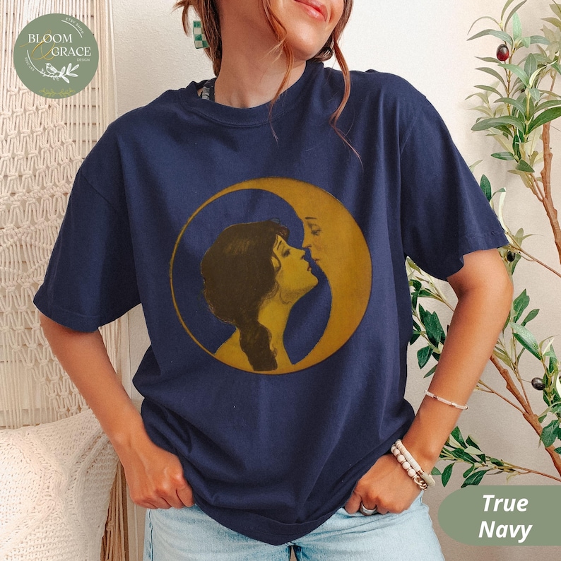 Vintage Illustration Shirt Woman Kissing Moon Tshirt Retro Style Tee Art Nouveau Shirt Comfort Colors Shirt Women Graphic Tee True Navy