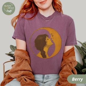 Vintage Illustration Shirt Woman Kissing Moon Tshirt Retro Style Tee Art Nouveau Shirt Comfort Colors Shirt Women Graphic Tee Berry