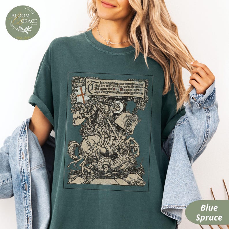 Camicia medievale, camicia Castlecore, maglietta Knightcore, camicia ispirata al Medioevo, camicia con drago di San Giorgio, camicia rinascimentale, abbigliamento Renfaire Whimsigot Blue Spruce