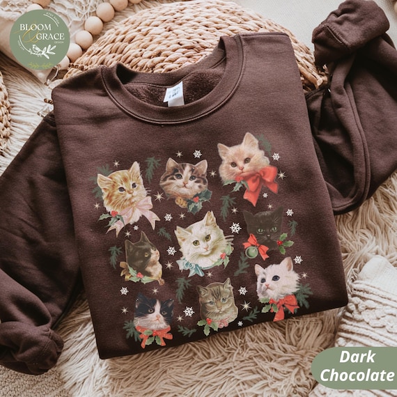 Vintage Kittens Sweatshirt Retro Cat Sweatshirt Nostalgia Cute Cat Crewneck Cottagecore Sweater Winter Animal Collage Cat Lover Shirt
