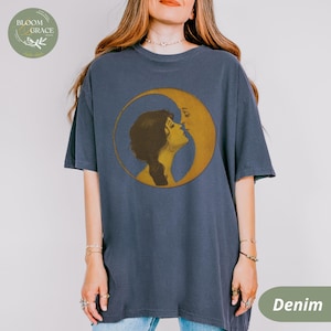 Vintage Illustration Shirt Woman Kissing Moon Tshirt Retro Style Tee Art Nouveau Shirt Comfort Colors Shirt Women Graphic Tee Denim