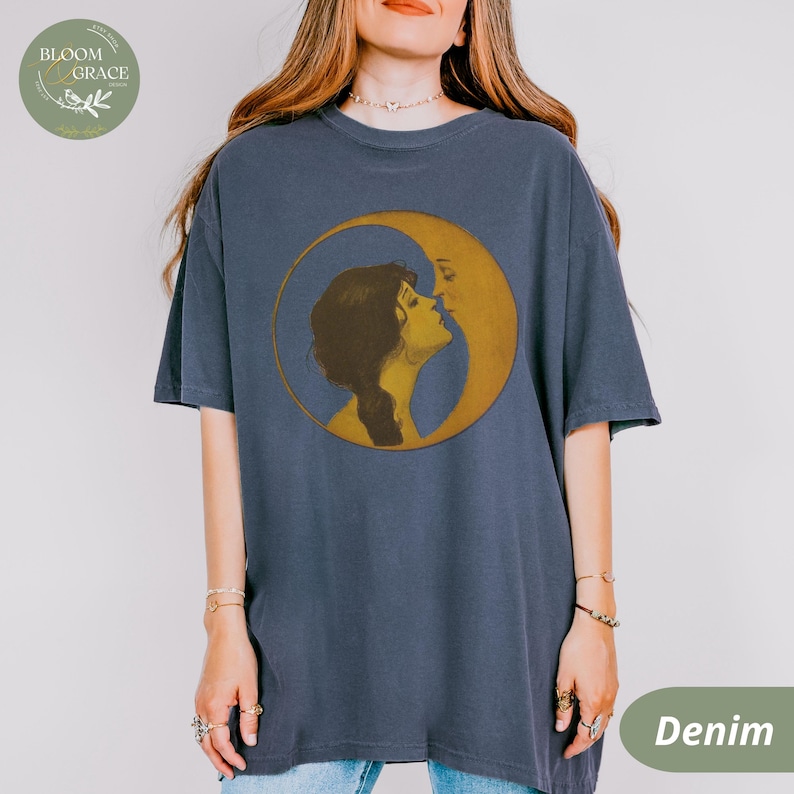 Vintage Illustration Shirt Woman Kissing Moon Tshirt Retro Style Tee Art Nouveau Shirt Comfort Colors Shirt Women Graphic Tee Denim