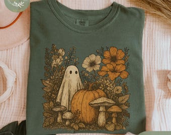 Vintage Ghost Halloween Tee, Pumpkin Floral T-Shirt Comfort Colors, Fall Aesthetic Shirt, Cottagecore Autumn Shirt, Fall Wildflowers Women