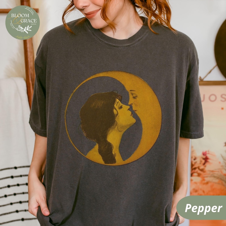Vintage Illustration Shirt Woman Kissing Moon Tshirt Retro Style Tee Art Nouveau Shirt Comfort Colors Shirt Women Graphic Tee image 2