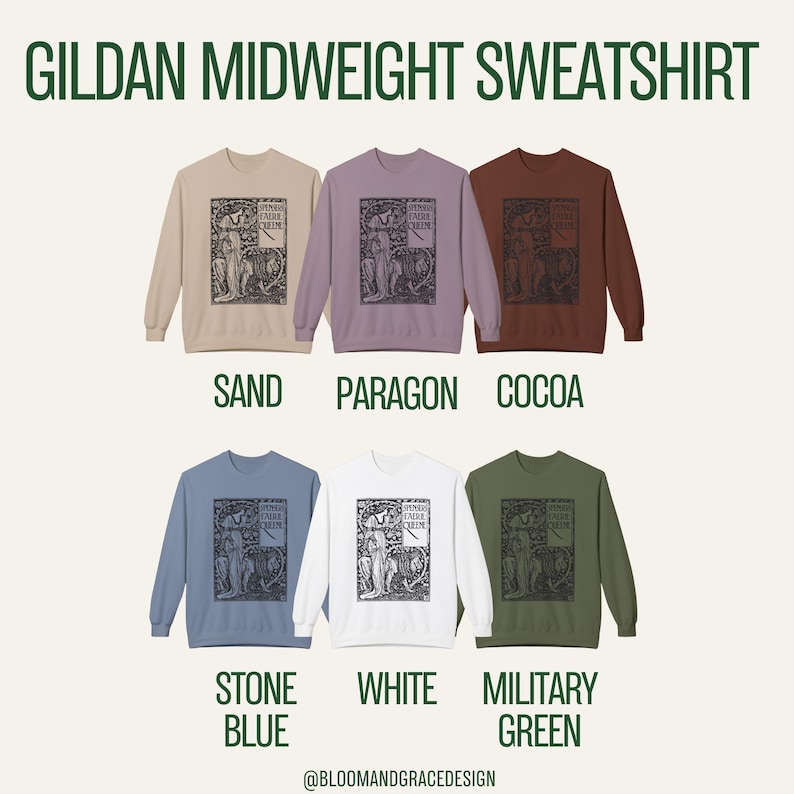 Puede incluir: Seis sudaderas Gildan Midweight en colores arena, paragon, cacao, azul piedra, blanco y verde militar. Cada una presenta un estampado gr&aacute;fico negro de una figura y un le&oacute;n con el texto Spenser's Faerie Queene. El texto Bloomandgracedesign est&aacute; abajo.