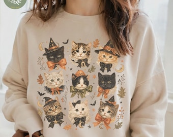 Witchy Kittens Sweatshirt, Vintage Halloween Cat Crewneck, Cottagecore Witch Hat Cat Collage, Halloween Crewneck, Whimsigoth Cat Tee