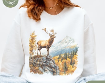 Sudadera vintage de ciervo, suéter de alce, ciervo, vida silvestre, cuello redondo, escena de cazador, vintage, aire libre, naturaleza, retro, otoño, americana, nostalgia, cuello redondo