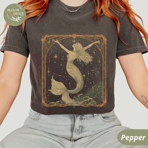 Vintage Mermaid Graphic T-Shirt – Mystical Art Nouveau Ocean Illustration, Comfort Colors Tee for Women, Mermaid Sun Moon Shirt, Boho Tee.
