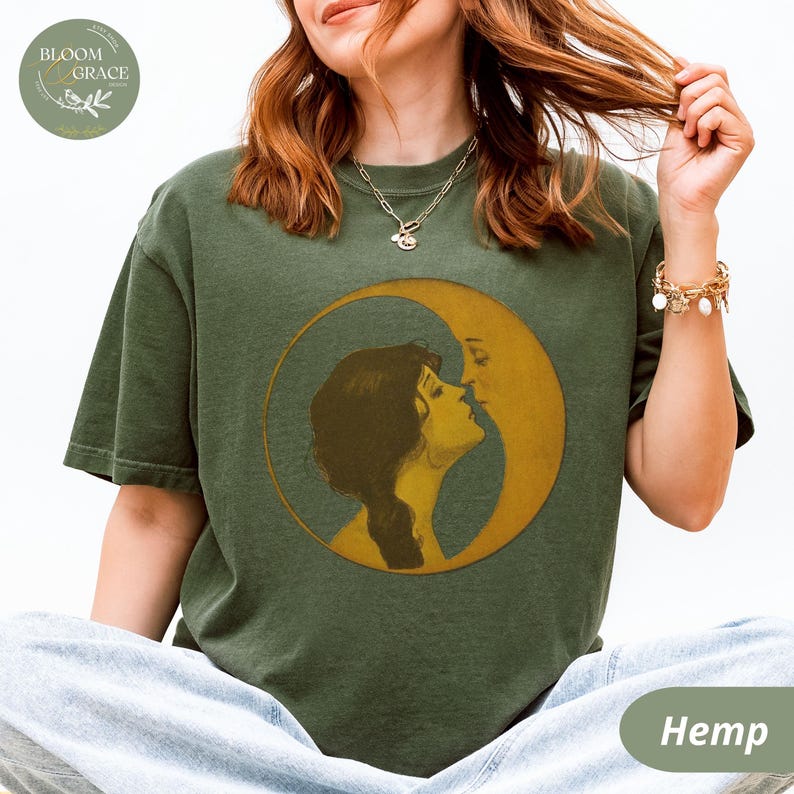 Vintage Illustration Shirt Woman Kissing Moon Tshirt Retro Style Tee Art Nouveau Shirt Comfort Colors Shirt Women Graphic Tee Hemp