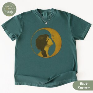 Vintage Illustration Shirt Woman Kissing Moon Tshirt Retro Style Tee Art Nouveau Shirt Comfort Colors Shirt Women Graphic Tee Blue Spruce