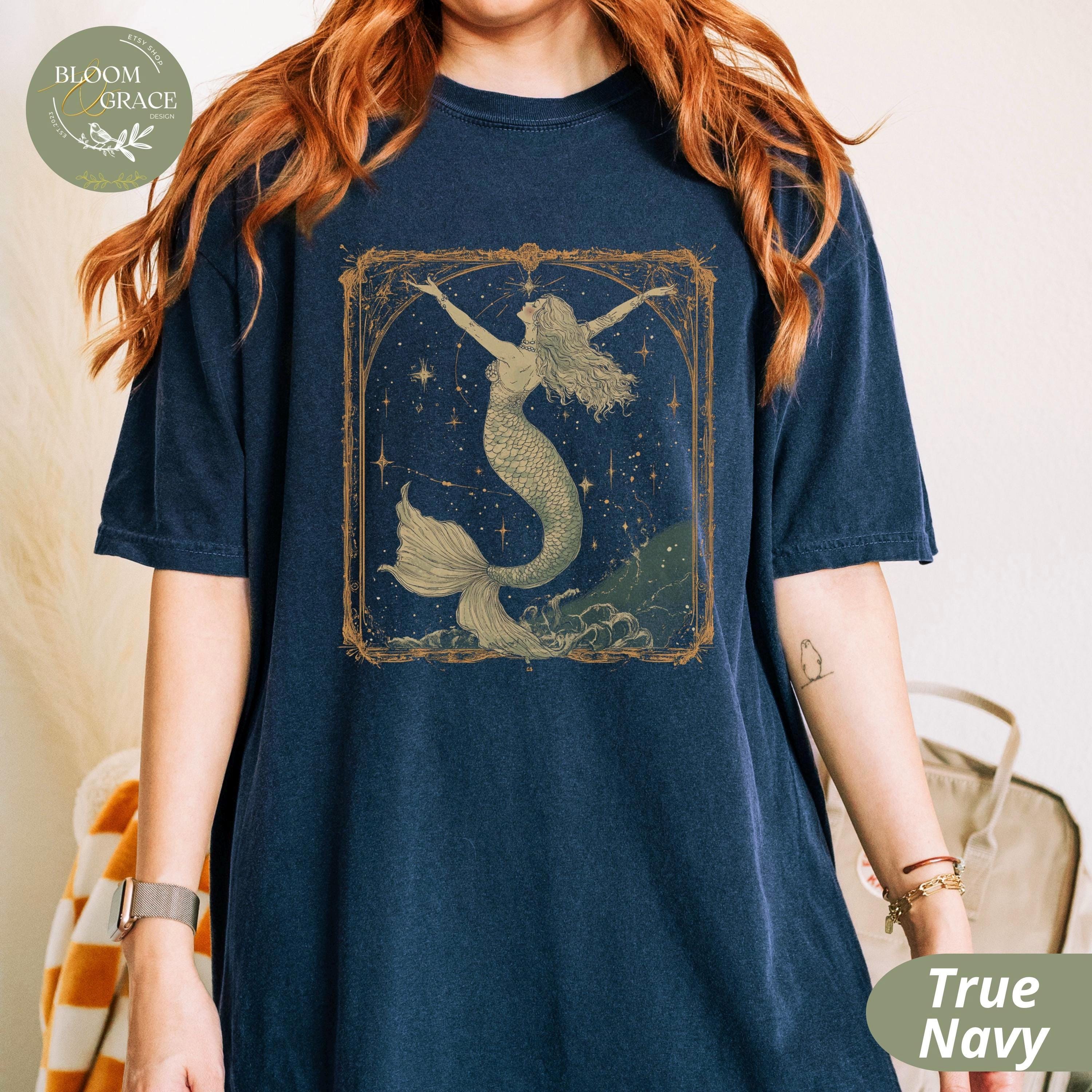 Comfort Colors Mermaid Graphic T-Shirt for Women, Mystical Art Nouveau Ocean Illustration, Boho Cosmic Siren Shirt,Aesthetic Femenine Tshirt