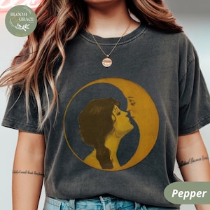 Vintage Illustration Shirt Woman Kissing Moon Tshirt Retro Style Tee Art Nouveau Shirt Comfort Colors Shirt Women Graphic Tee image 3