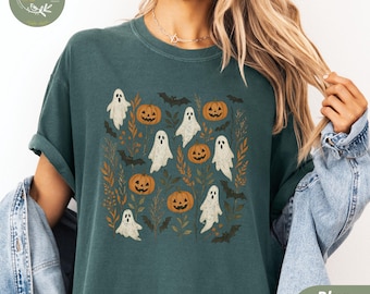 Vintage Fall Halloween T-Shirt | Ghosts, Pumpkins & Autumn Florals | Spooky Season Comfort Colors Tee | Cute Spooky Unisex Graphic Tee