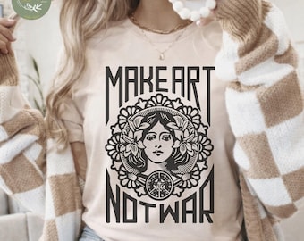 Camiseta "Faça Arte, Não Guerra", Camiseta com Estampa Art Nouveau, Presente Vintage para Artistas, Camiseta Criativa para Artistas, Camiseta para Amantes de Museus, Camiseta Contra a Guerra