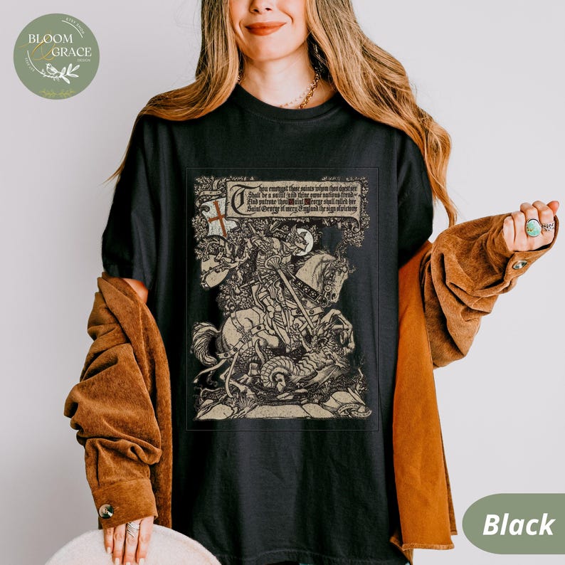 Camicia medievale, camicia Castlecore, maglietta Knightcore, camicia ispirata al Medioevo, camicia con drago di San Giorgio, camicia rinascimentale, abbigliamento Renfaire Whimsigot Black