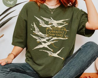 Antique Book Covers Tshirt Hans Christian Andersen Shirt Vintage Fairy Tales Storybook T-Shirt Swans Tee Bird Illustration Top Birds Shirt