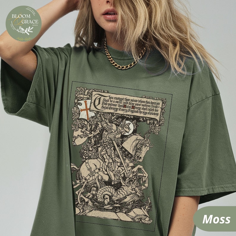 Camicia medievale, camicia Castlecore, maglietta Knightcore, camicia ispirata al Medioevo, camicia con drago di San Giorgio, camicia rinascimentale, abbigliamento Renfaire Whimsigot Moss