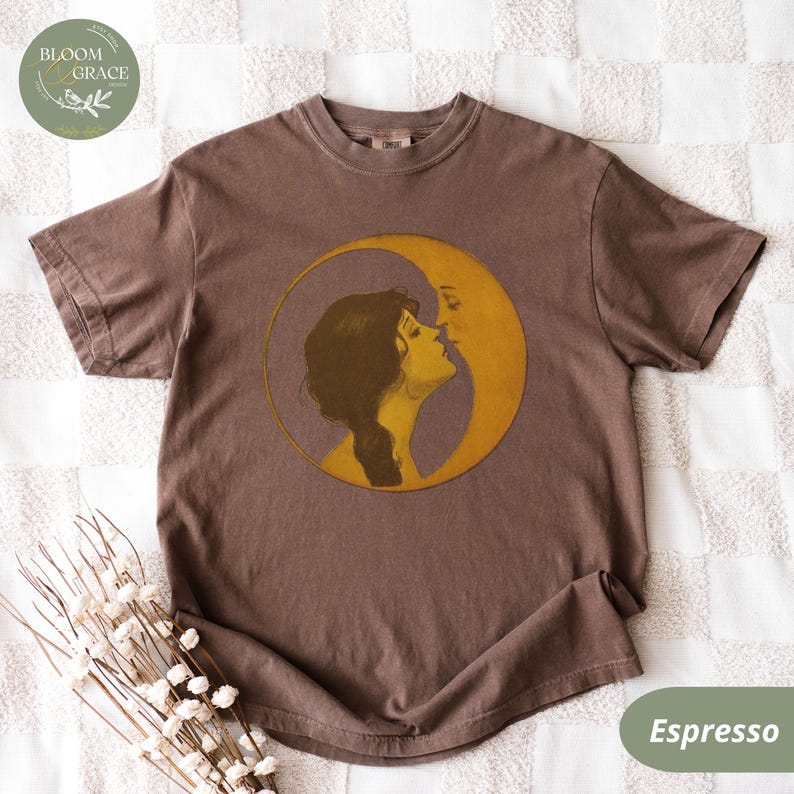 Vintage Illustration Shirt Woman Kissing Moon Tshirt Retro Style Tee Art Nouveau Shirt Comfort Colors Shirt Women Graphic Tee Espresso