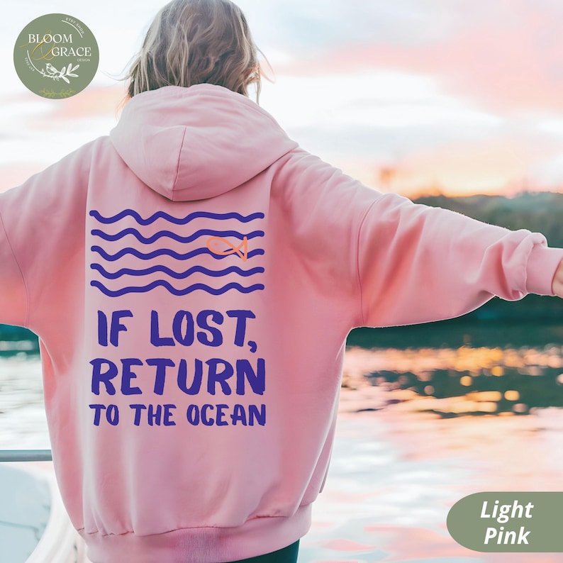 Ocean Doodle Hoodie: 'If Lost, Return to the Ocean' Unisex Beachwear Light Pink