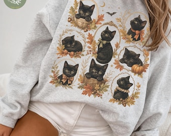 Black Cat Fall Sweatshirt, Vintage Inspired Black Cat Sweater, Cozy Autumn Halloween Crewneck, Dark Academia, Vintage Halloween Sweatshirt