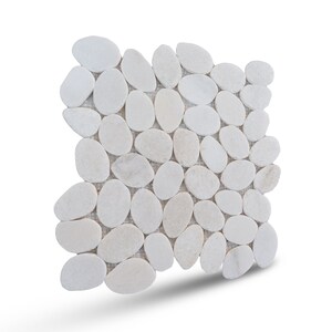 May include: White pebble tile mosaic sheet. The tiles are arranged in a random pattern and are set on a mesh backing.