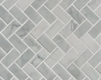 Herringbone White Carrara Marble Mosaic Tile - Floor and Wall | 5 tiles per case