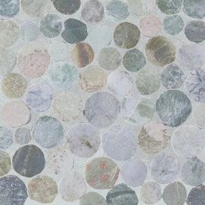 May include: A close-up of a mosaic tile pattern made of smooth, round, natural stone pebbles in various shades of green, gray, and white. The pebbles are arranged in a random pattern, creating a unique and textured surface.