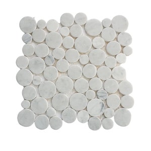 May include: White marble mosaic tile sheet with a random pattern of round tiles of varying sizes.