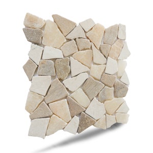 May include: A beige and white mosaic tile sheet made of irregular shaped stone pieces. The tile sheet is perfect for adding a natural and rustic look to any space.