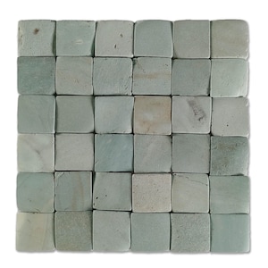 May include: A square mosaic tile pattern composed of 36 individual tiles. Each tile is a muted, seafoam green color with a slightly textured surface. The tiles are arranged in a grid pattern, creating a cohesive and visually appealing design.
