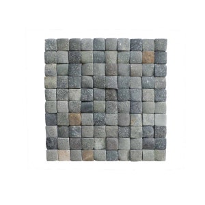 May include: A square mosaic tile sheet made of small, gray, textured stone cubes.