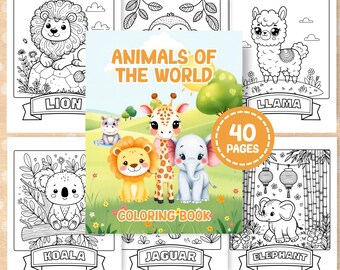 Animals of the World Coloring Book, Kids Coloring Book, Cute Animal Coloring, Educational Coloring, Preschool Activity, Wildlife Coloring