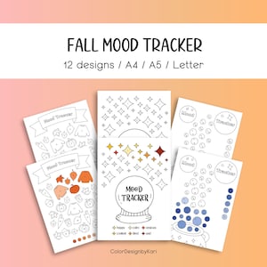 Può includere: Un set di 12 modelli di tracciamento dell'umore stampabili con temi autunnali. I modelli includono una sfera di cristallo, un calderone e una varietà di icone autunnali come zucche, foglie e maglioni. Il testo "FALL MOOD TRACKER" e "12 designs / A4 / A5 / Letter" è incluso nell'immagine.