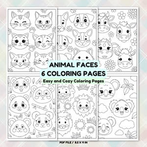 Animal Faces Coloring Pages: Relaxing Cat, Dog, Panda (PDF Download)