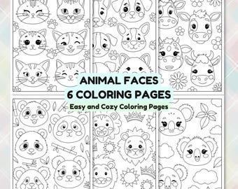 Animal Faces Coloring Pages: Relaxing Cat, Dog, Panda (PDF Download)