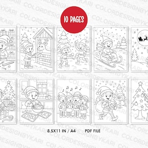 May include: A set of ten black and white Christmas-themed coloring pages. The illustrations depict elves, Santa, and festive scenes, including elves with gifts, a train, and carol singing. The text "10 PAGES" is in a red circle. The pages are A4 size.