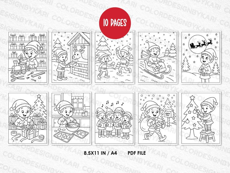 May include: A set of ten black and white Christmas-themed coloring pages. The illustrations depict elves, Santa, and festive scenes, including elves with gifts, a train, and carol singing. The text "10 PAGES" is in a red circle. The pages are A4 size.
