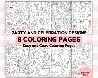 Celebration Coloring Pages, Easy and Cute Coloring Pages, Birthday Coloring, Printable Relaxation for Adults and Kids, Stress Relief Designs