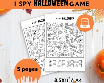 May include: Black and white printable I Spy Halloween game with 5 pages. The game features a variety of Halloween-themed images, including ghosts, bats, pumpkins, and sweets. The game is designed for children and adults.