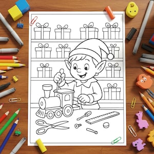 May include: Black and white line art colouring page showing an elf working on a toy train. The elf is wearing a hat and surrounded by tools and gift boxes. Pencils, markers, and erasers are scattered around the page.