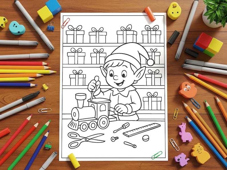 May include: Black and white line art colouring page showing an elf working on a toy train. The elf is wearing a hat and surrounded by tools and gift boxes. Pencils, markers, and erasers are scattered around the page.