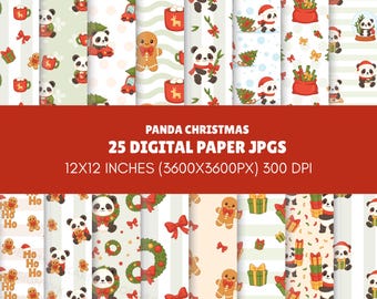 Panda Christmas Digital Paper | Kawaii Holiday Patterns, Scrapbooking (JPG)
